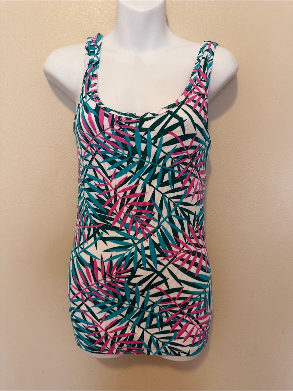 Faded Glory Tropical Leaf Tank Top - Teal & Pink on White